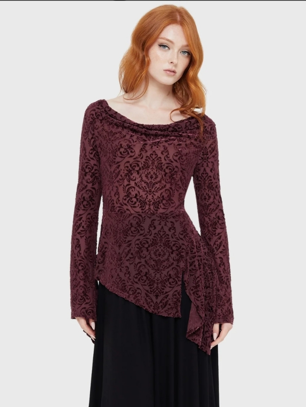 Killstar Burgundy Velvet Burnout Long-Sleeve Asymmetrical Top Dress - Picture 3 of 8